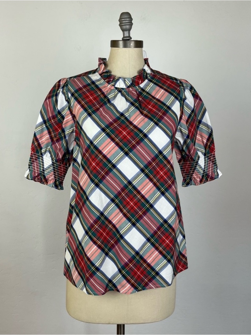 NWOT J. Crew Puff-sleeve top in Snowy Stewart tartan
